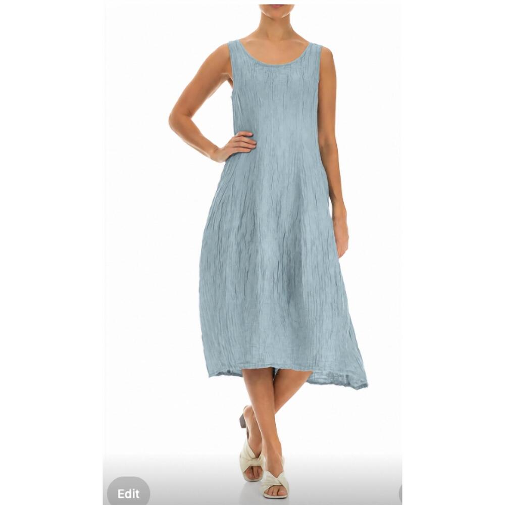 NEW GRIZAS sleeveless ballon crinkled silk linen dress in blue green sage